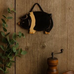 Vintage Earthtone Originals Pottery Pig Wall Hanging Black Tan Ceramic Art